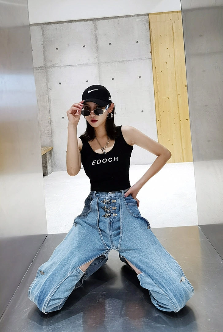 【VETEZE】22SS★ Cut Off Pointed Denim Pants Blue Inner Cut-Out Ringed Denim Jeans | Wheein - Mamamoo