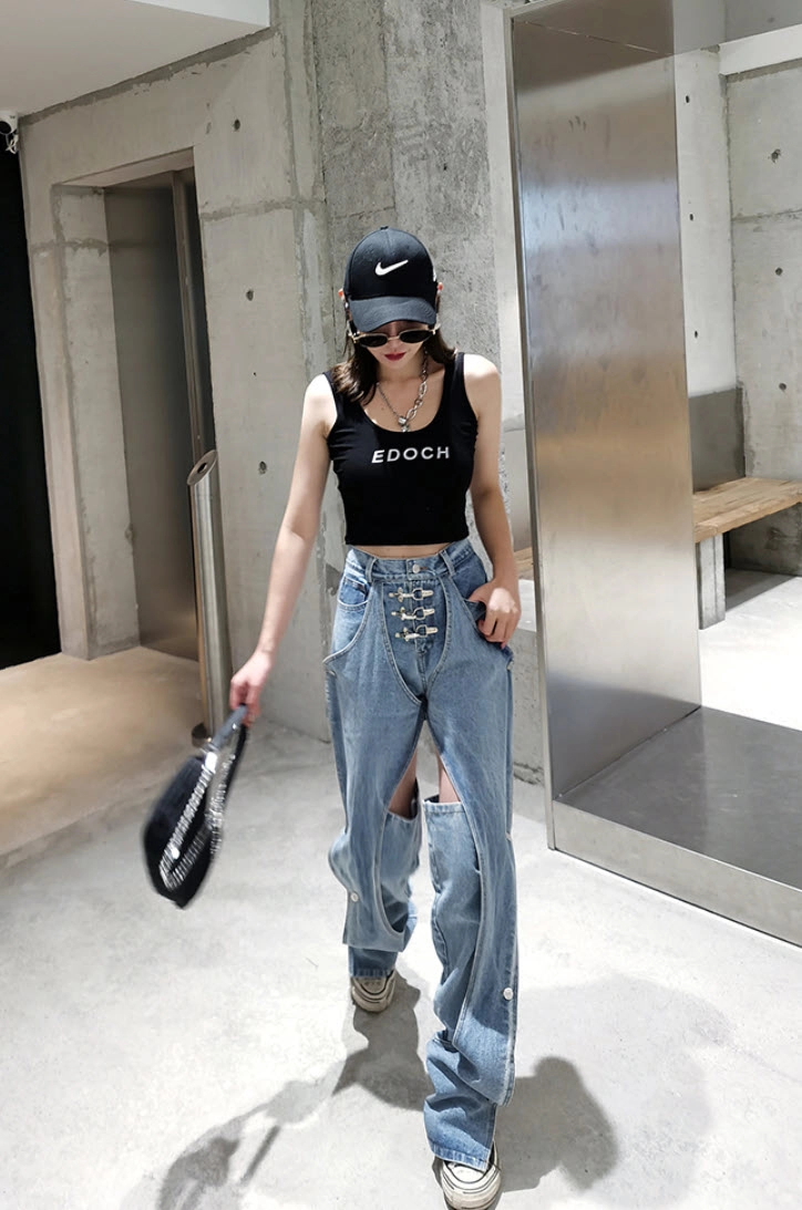 Blue Inner Cut-Out Ringed Denim Jeans | Wheein - Mamamoo