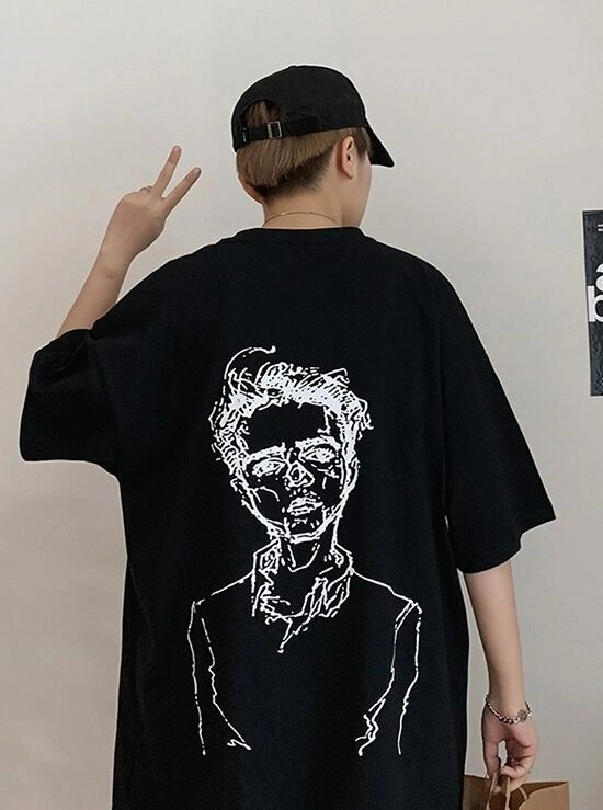 Black Oversized T-Shirt With Man Sketch Print Taehyung- BTS