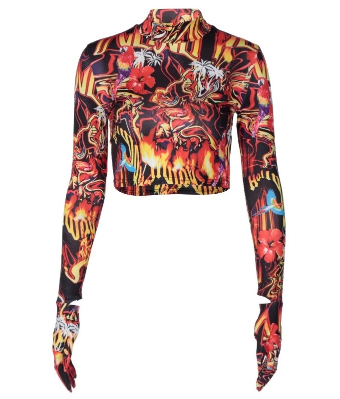 Red Flame Bodycon Cropped Top With Gloves | Lisa -BlackPink