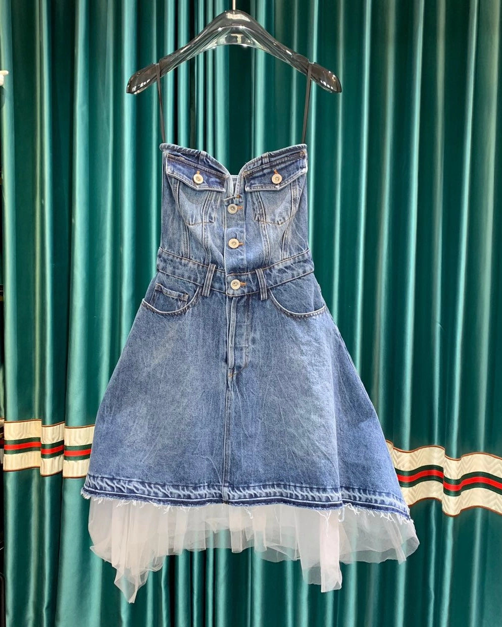 ワンピース Riu Tulle docking denim dress riu Rちゃん Tulle docking denim dress ブルー ☆riu Rちゃん Tulle
