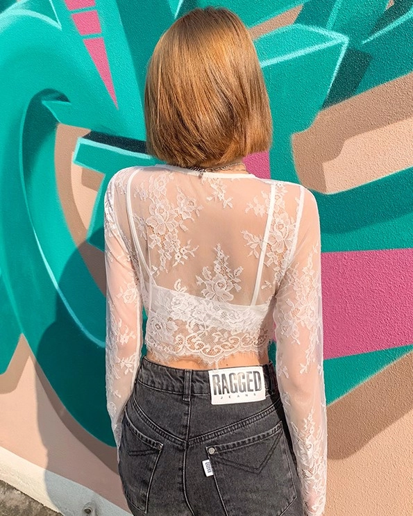 White See-Through Cropped Top Long Sleeves With Inner Cami