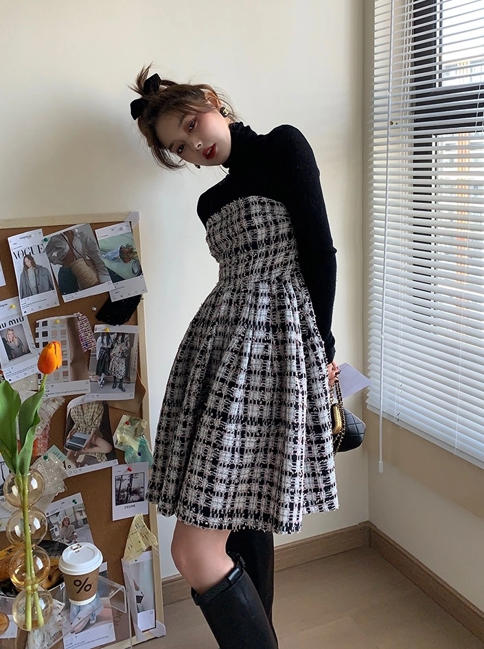 Black Long Sleeve Plaid Tweed Dress | Jennie - Blackpink - Fashion
