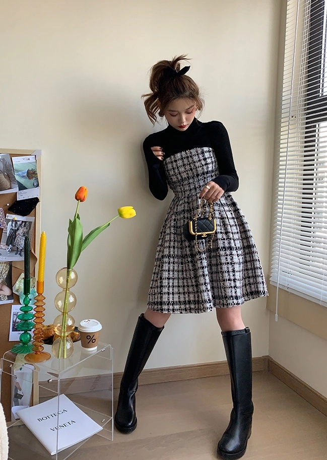 Black Long Sleeve Plaid Tweed Dress | Jennie - Blackpink - Fashion