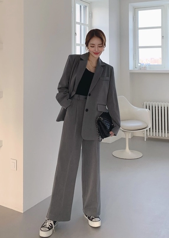 Grey Pants Outfits With Gray Blazer Elegant Grey Summer Short Sleeve Women  Formal Professional