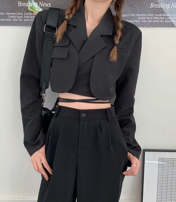 kimkimjunjun様 Black Tie Waist Cropped Suit Jacket | Hyunjin - Stray Kids