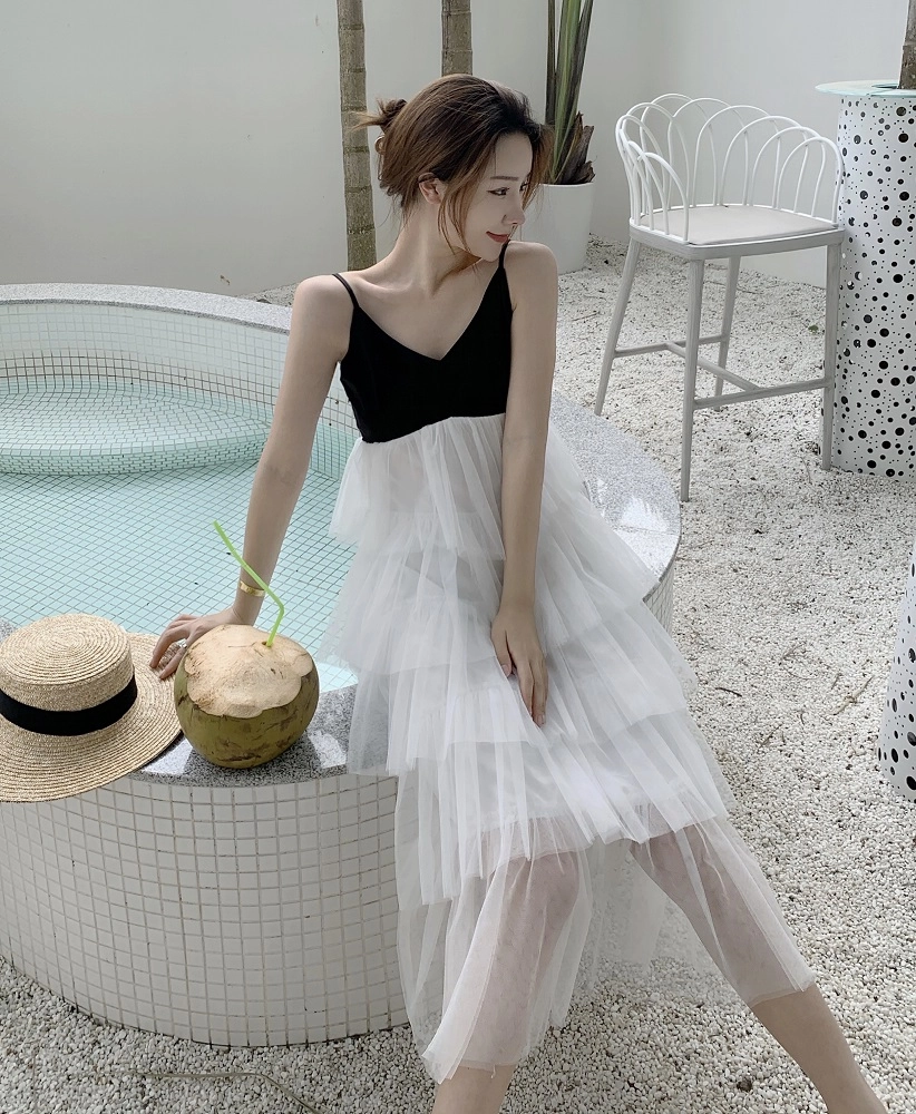 BLACKPINK着用★Sorry Too Much Love★Side Ruffle String Dress White And Black Layered Ruffle Mesh Sling Dress | Jennie