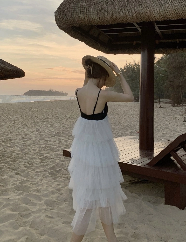 BLACKPINK着用★Sorry Too Much Love★Side Ruffle String Dress White And Black Layered Ruffle Mesh Sling Dress | Jennie