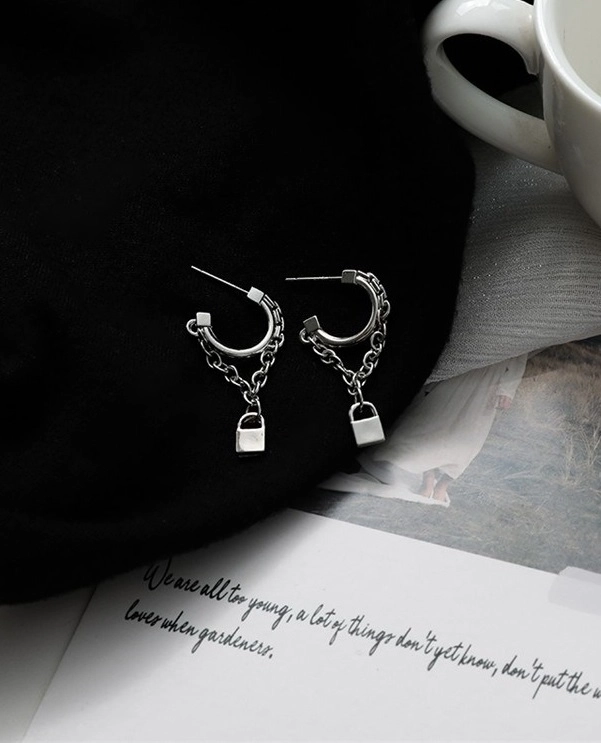 Silver Padlock Chain Earrings | Jisung - Stray Kids