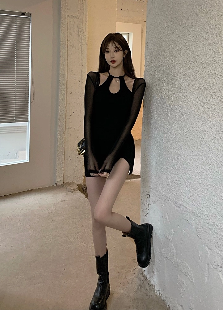 Black Fitted Dress With Mesh Sleeves | Joy - Red Velvet