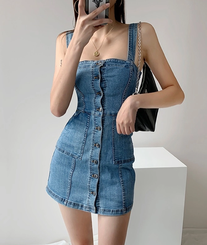 Blue Denim Suspender Dress Momo Twice Fashion Chingu