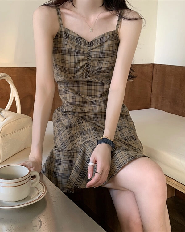 【Sサイズ】（ピンク）ルミニョン Candycheck panel dress an/アン】チェック柄/ ストレッチツイード/ フロントボタン