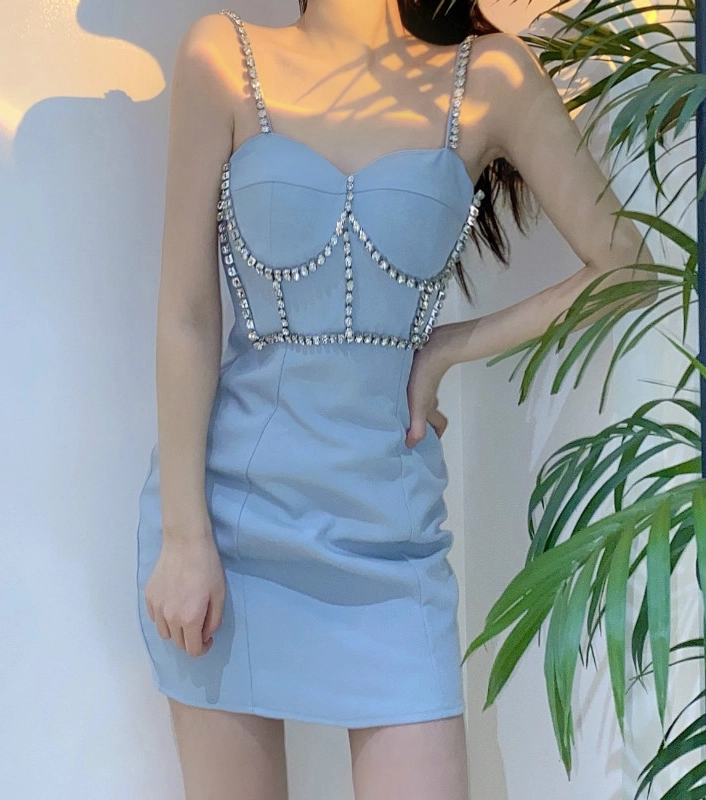Blue Rhinestone Embellished Sling Dress | Ningning - Aespa