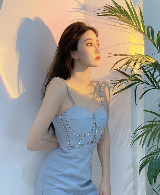 Blue Rhinestone Embellished Sling Dress | Ningning - Aespa