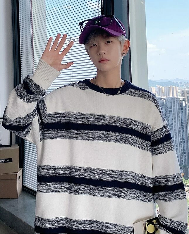SEVENTEEN着用★【GENERAL IDEA】DOUBLE COLOR BLOCK PULLOVE.R Blue And Grey Striped Sweater | DK - Seventeen - Fashion Chingu