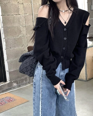 Black Knitted V-Neck Cardigan | Joy - Red Velvet