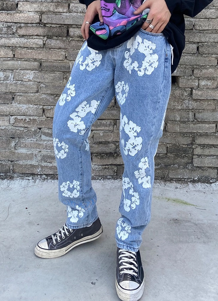 Blue Floral Print Denim Jeans | Jisung - NCT - Fashion Chingu