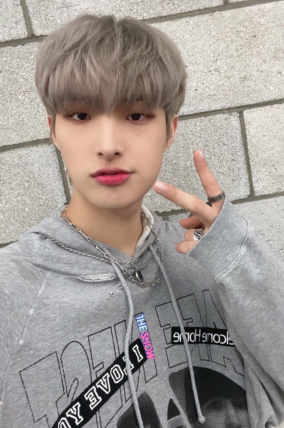 Grey Collage Printed Hoodie | Mingi - ATEEZ - Fashion Chingu