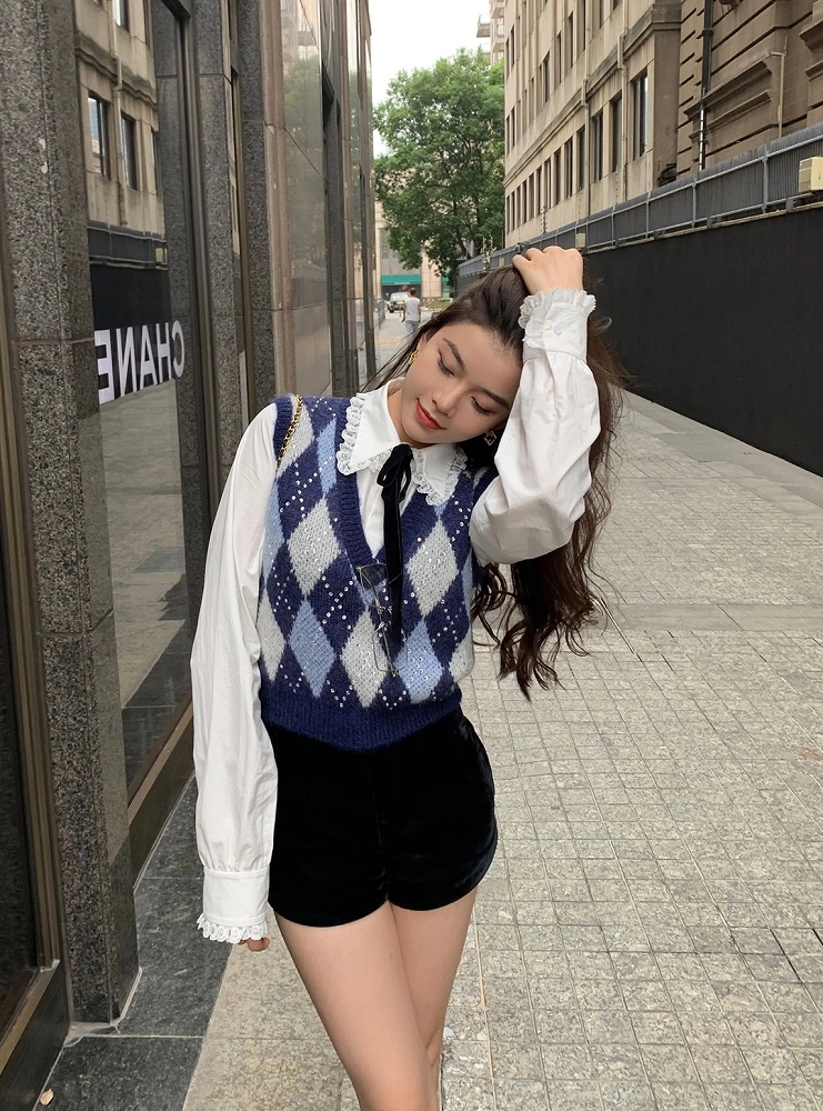 Blue Argyle Pattern Vest Rose BlackPink Fashion Chingu