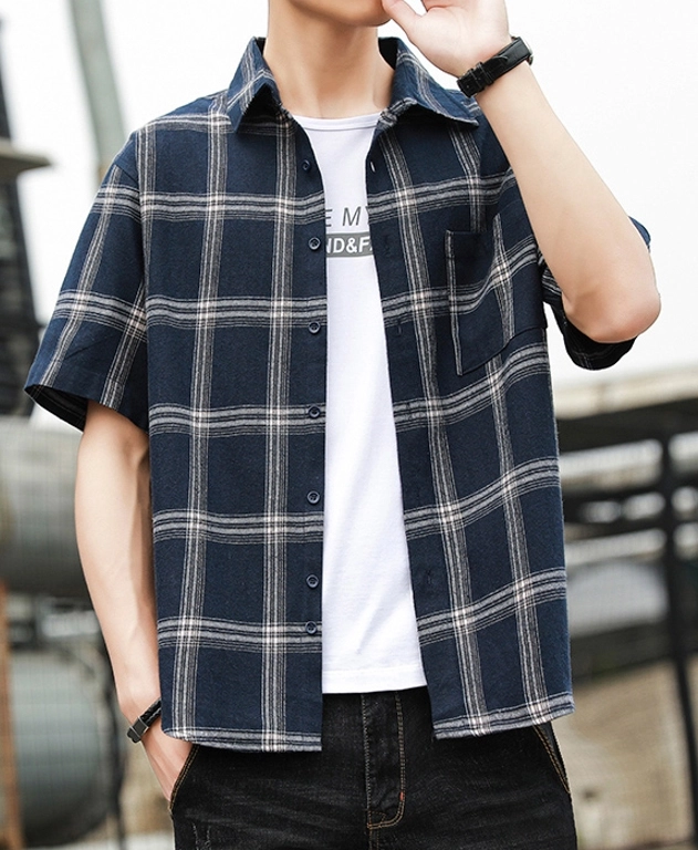 Blue Wide Plaid Short Sleeves Shirt | Doyoung - NCT