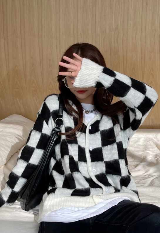 White Checkerboard Mohair Cardigan | Jisung - Stray Kids - Fashion