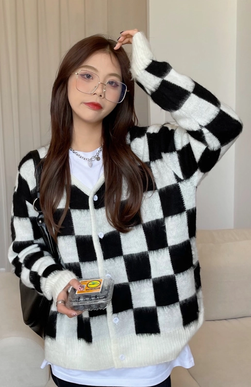 White Checkerboard Mohair Cardigan | Jisung - Stray Kids - Fashion