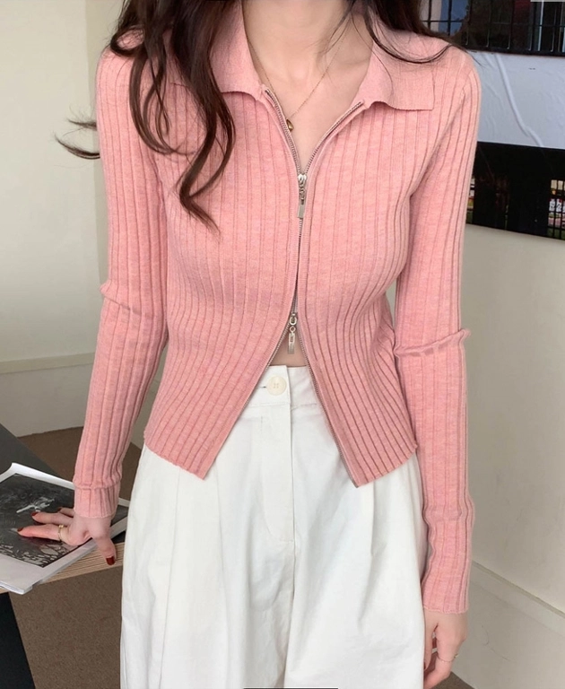 Pink Knitted Zip-Up Cardigan | Tzuyu - Twice - Fashion Chingu