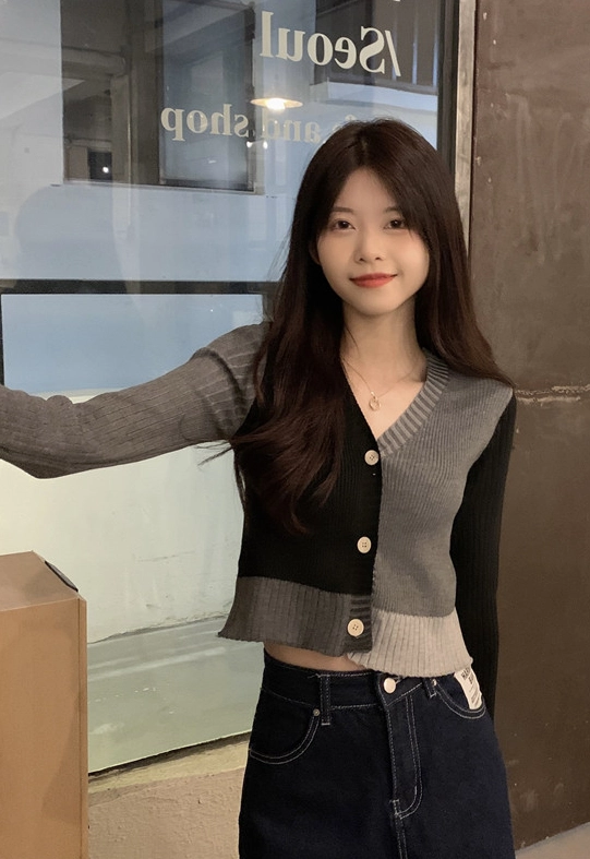 viviano ヴィヴィアーノ　2 tone Cropped Cardigan Black Grey Two Tone Cardigan | Vivi - Loona - Fashion Chingu