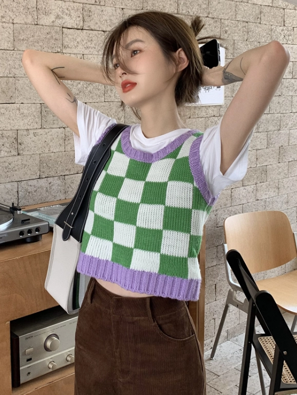 Green Lilac Checkerboard Knit Vest Haseul Loona Fashion Chingu