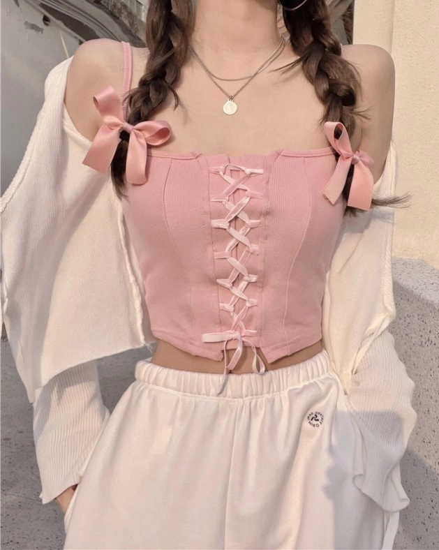 Pink Lace-Up Corset Crop Top | Momo - Twice - Fashion Chingu