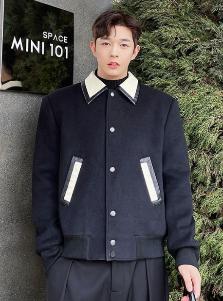 Black Leather Collar Wool Jacket | Wonwoo - Seventeen