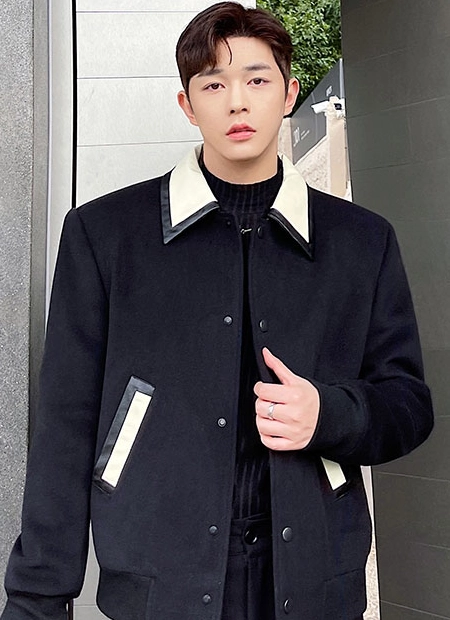 Black Leather Collar Wool Jacket | Wonwoo - Seventeen