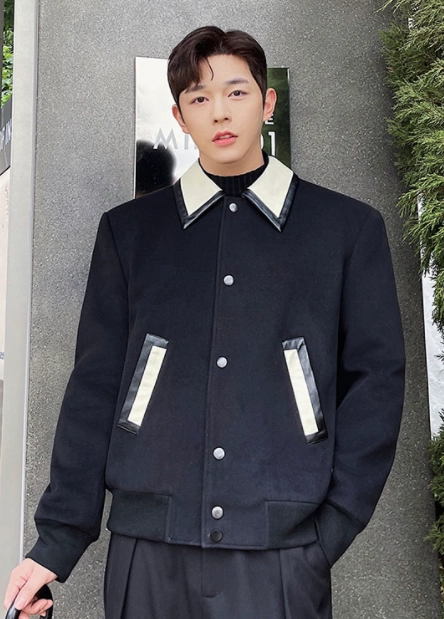Black Leather Collar Wool Jacket | Wonwoo - Seventeen