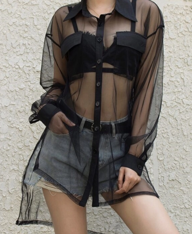 ★ILLIGO★ Mash Sheer Layered Tee Black Women Mesh Top Long Sleeve See Through Layering Tops Sparkle