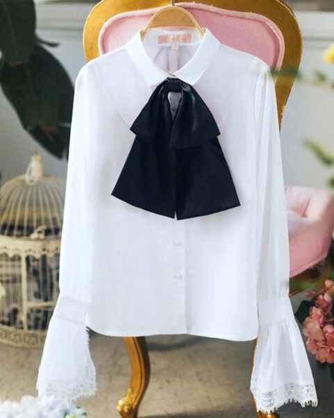 White Bell Sleeve Blouse With Black Bow Tie - Fashion Chingu