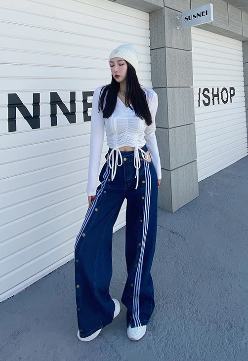 Blue Multi-Button Striped Denim Jeans | Lisa - BlackPink