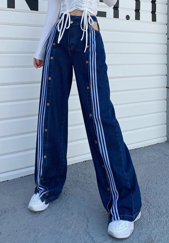 Blue Multi-Button Striped Denim Jeans | Lisa - BlackPink