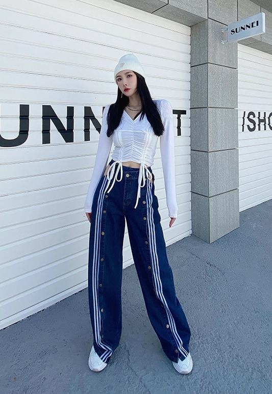 Blue Multi-Button Striped Denim Jeans | Lisa - BlackPink