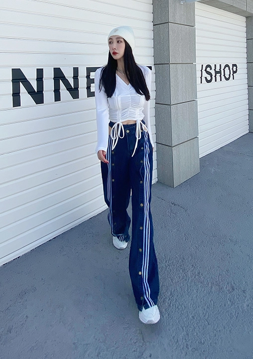 Blue Multi-Button Striped Denim Jeans | Lisa - BlackPink