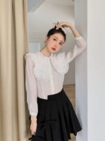 ★chemehc★BOW LONG PLEATED SKIRT (BLACK)★正規品/韓国送料込 ZINTAOZT Women Y2K Bubble Maxi Skirt Elastic High Waist