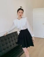 ★chemehc★BOW LONG PLEATED SKIRT (BLACK)★正規品/韓国送料込 ZINTAOZT Women Y2K Bubble Maxi Skirt Elastic High Waist