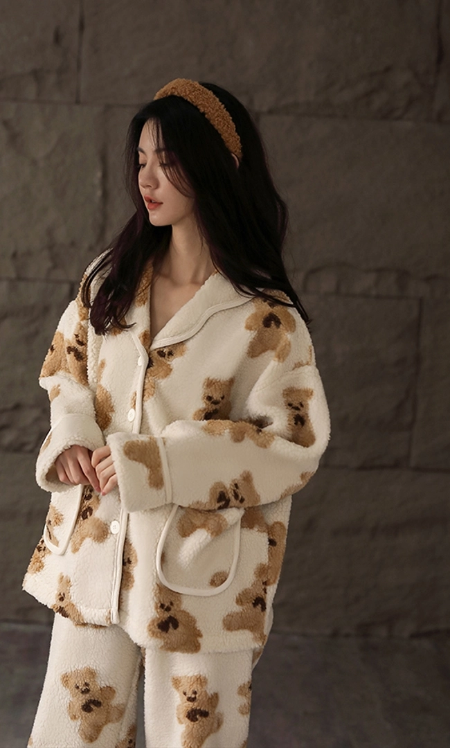 Beige Button Down Bear Pattern Pajama Set | Enhypen