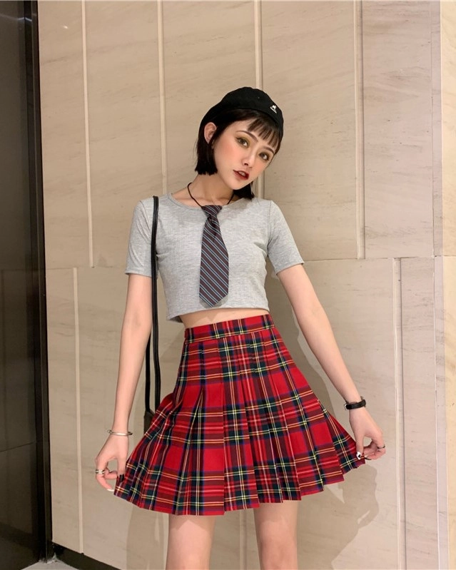 Red Lace Up Asymmetric Plaid Skirted Leggings Cida Small Pleat