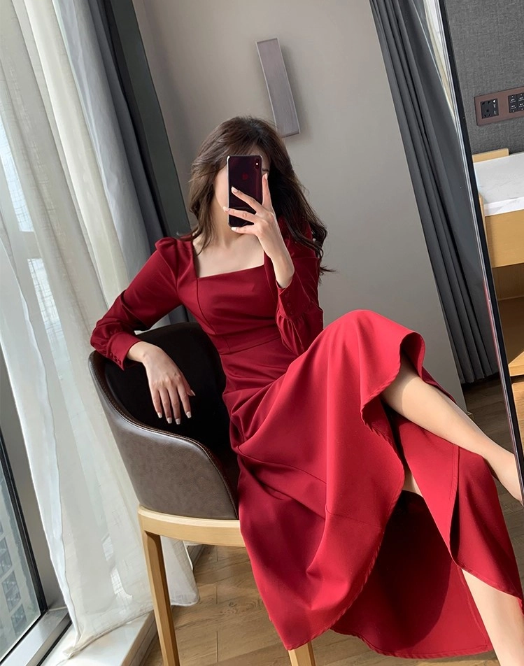 ★CERRIC★WAVE LONG SLEEVELESS DRESS★1570★Red★韓国★人気 Summer Red Elegant Long Dress Women Korean Casual V-neck