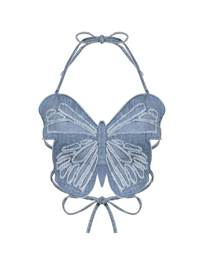 Blue Butterfly Denim Backless Crop Top | Shuhua - (G)I-DLE