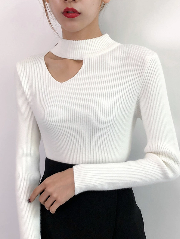 TWICEツゥイ White Collarbone Cut Ribbed Sweater | Tzuyu - Twice