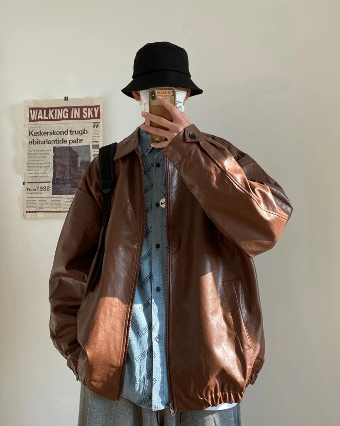 Brown Synthetic Leather Jacket | Jun - Seventeen - Fashion Chingu