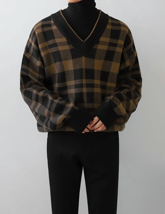 Brown Plaid Knit Sweater Changbin Stray Kids Fashion Chingu