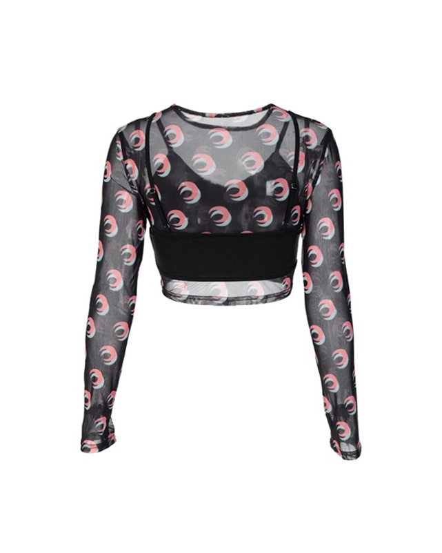 BLACKPINK リサ着用★ITZAVIBE★script graphic long sleeve Black Moon Print Long Sleeves Crop Top And Bralette | Lisa