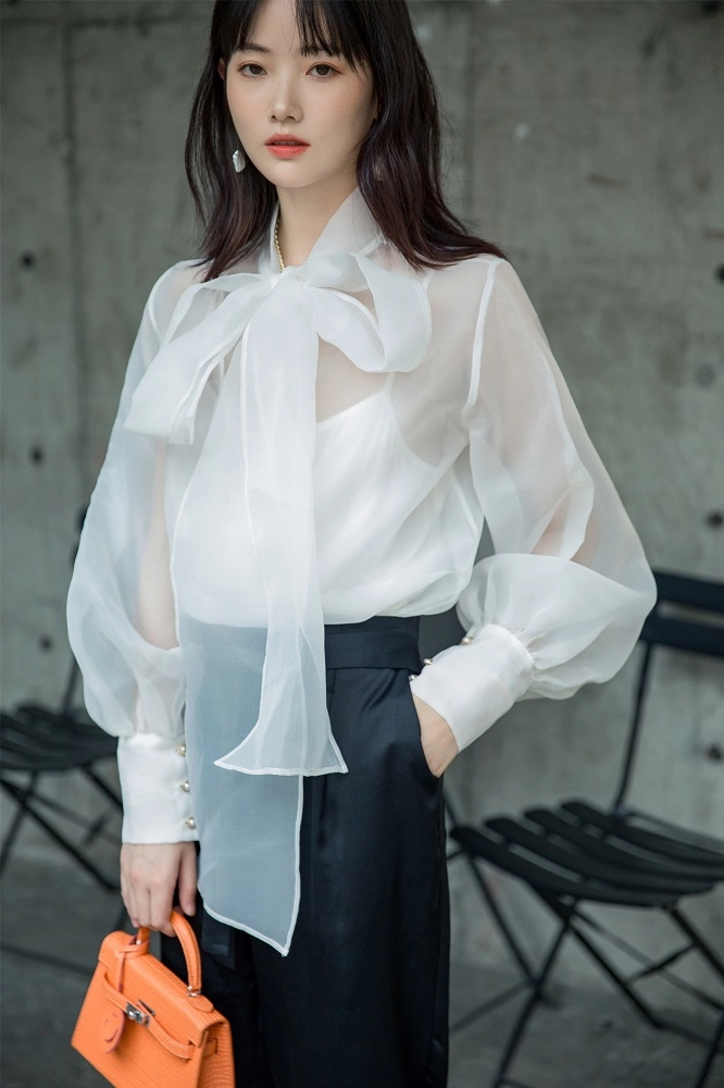 White Lantern Sleeve Bowknot Blouse | Olivia - Loona